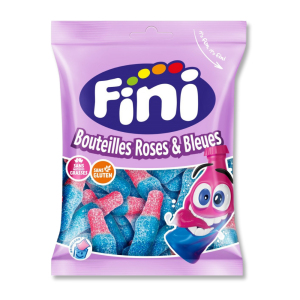 Sachet violet de bouteilles roses et bleus de chez fini qui sont des bonbons acidulés