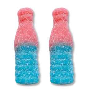 Bouteille rose et bleue de chez fini qui sont des bonbons acidulés