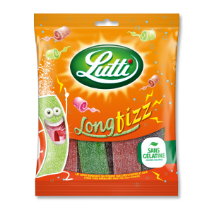 Sachet orange de longfizz qui sont des longs bandeaux acidulés d'un mix de parfums fruités