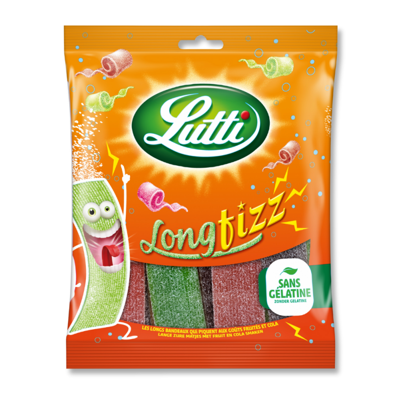 Sachet orange de longfizz qui sont des longs bandeaux acidulés d'un mix de parfums fruités