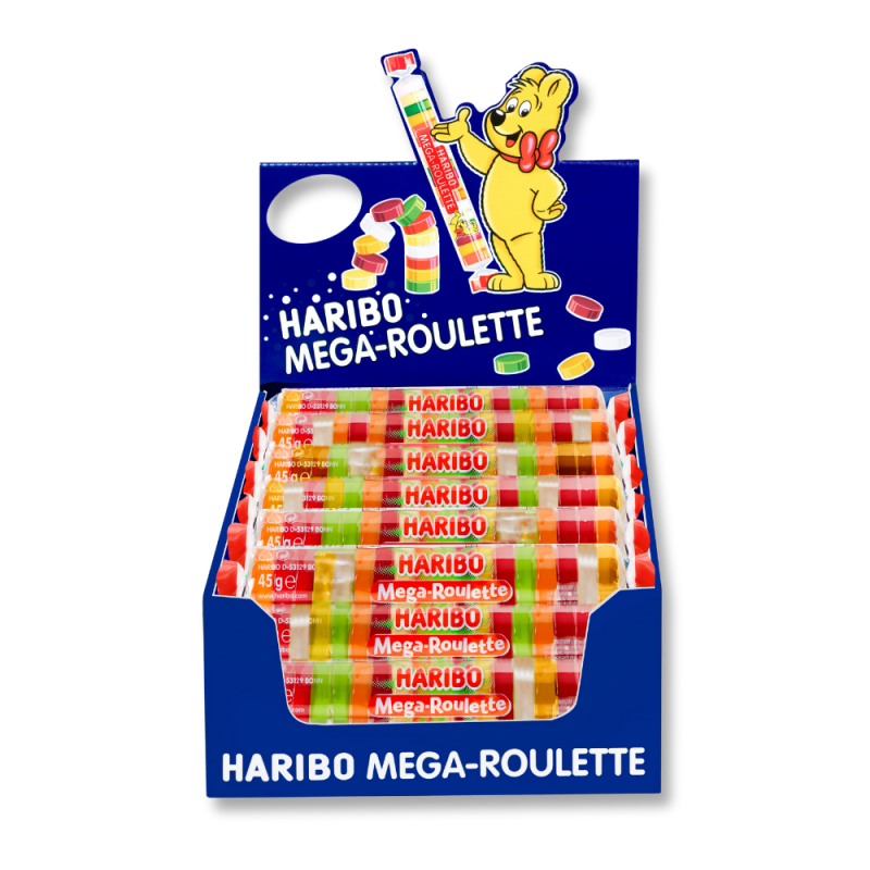 Carton présentoir de Haribo Mega Roulette qui sont des bonbons fruités