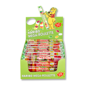 Carton présentoir de haribo mega roulette fizz qui sont des bonbons fruités et acidulés