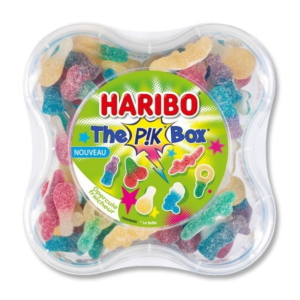 Boite transparente de pik box qui est un assortiments de bonbon qui piques de chez haribo