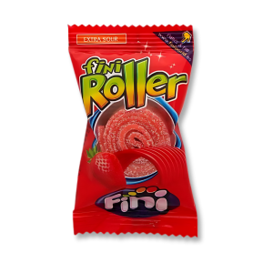 emballage individuel de roller fraise de chez fini qui est un rouleau acidulés au parfum de fraise