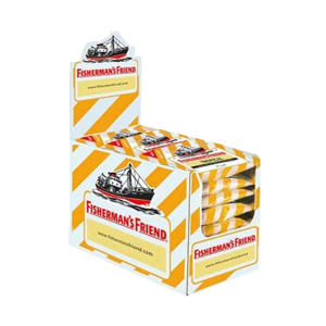 Présentoir carton jaune de fisherman's friend anis qui sont des pastilles
