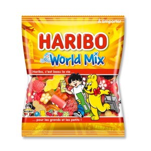Sachet jaune de world mix de chez Haribo qui est un assortiment de bonbons Haribo