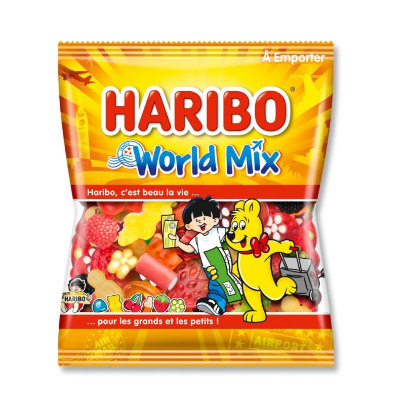 Sachet jaune de world mix de chez Haribo qui est un assortiment de bonbons Haribo