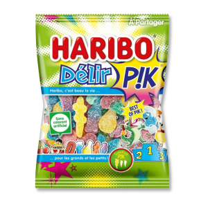Sachet rose et jaune de délir pik de chez haribo qui est un assortiments des meilleurs bonbons acidulés de chez haribo