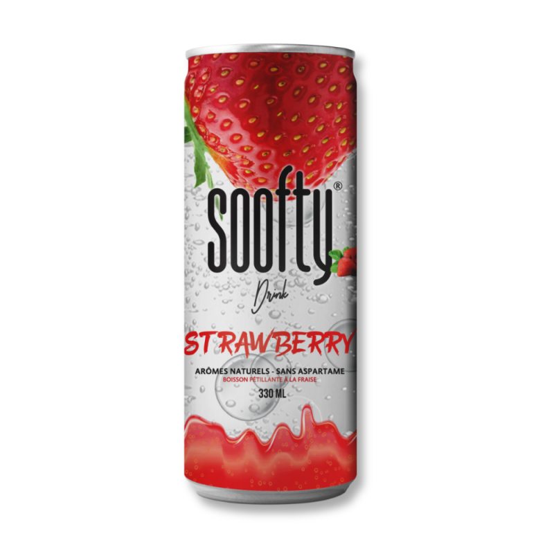 Canette de Soofty aromatisé à la fraise, transparente et rouge avec une fraise