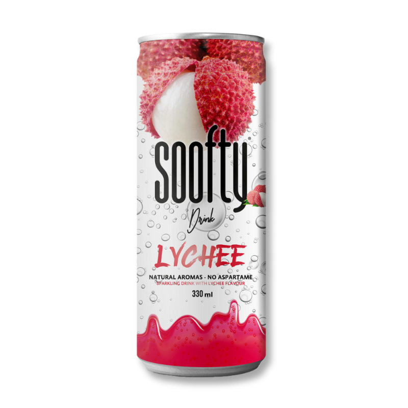 Canette de soofty litchi qui est une boisson aromatisé au litchi dans une canette transparente et rose