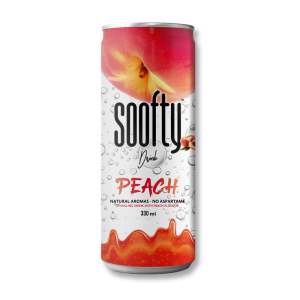 Soofty pêche qui est une boisson aromatisé pêche dans une canette transparente et orange
