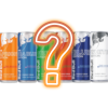 Canettes de redbull flou avec un gros point d'interrogations orange au milieux