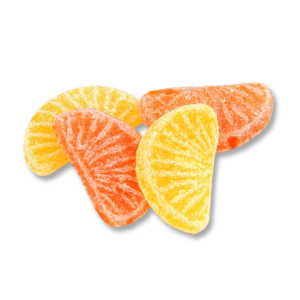 Tranches d'orange et de citron qui sont des bonbons au sucres de couleurs orange et jaune