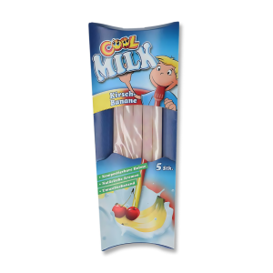 Paille cool milk dans un emballage bleu qui sont des pailles à la banane et la cerise qui aromatise le lait