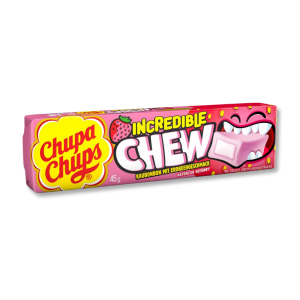 Paquet de chupa chups qui sont des chewing gum incredible chew rose au goût de fraise