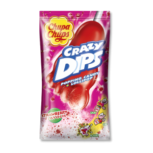 Sachet rose de crazy dips qui est une sucette en forme de pied à trempé au gout de fraise de chez Chupa Chups