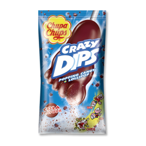 Sachet bleu de crazy dips qui sont des sucettes en forme de pied à tremper au goût de cola