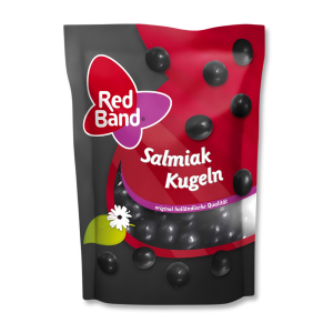 Sachet rouge et noir de billes de réglisse de couleurs noires au cœur tendre