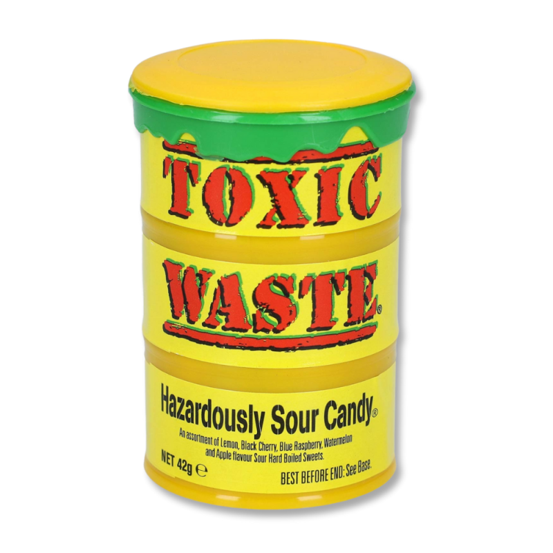 Mini bidon jaune toxic waste qui sont des bonbons ultra acides emballés