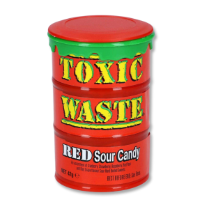 Mini bidon toxic waste rouge qui sont des bonbon ultra acide aux couleurs et goûts différents