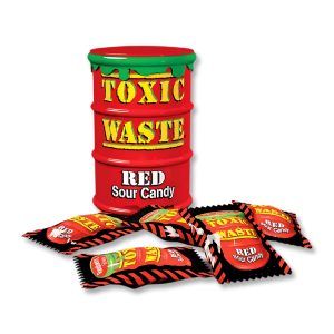 Mini bidon rouge de toxic waste et sachets individuel de bonbons ultra acides