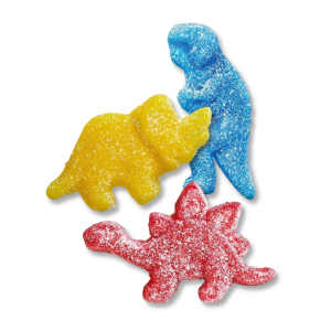 Bonbons acidulés bleu, rouge et jaune en forme de dinosaures