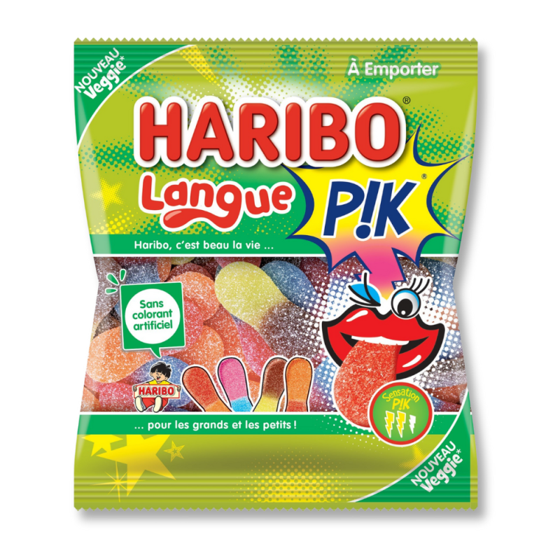 Sachet vert de langue pik haribo qui sont des bonbons acidulés