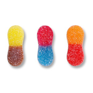 Langue pik de chez Haribo de couleurs marron jaune, rouge bleu, et rouge orange