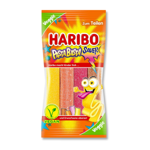 Sachet orange et jaune de haribo pasta basta pik qui sont des fils qui piques