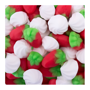 Vrac de fraise à la crème de chez haribo. Ce sont des bonbons gélifiés en forme de fraises et de chantilly
