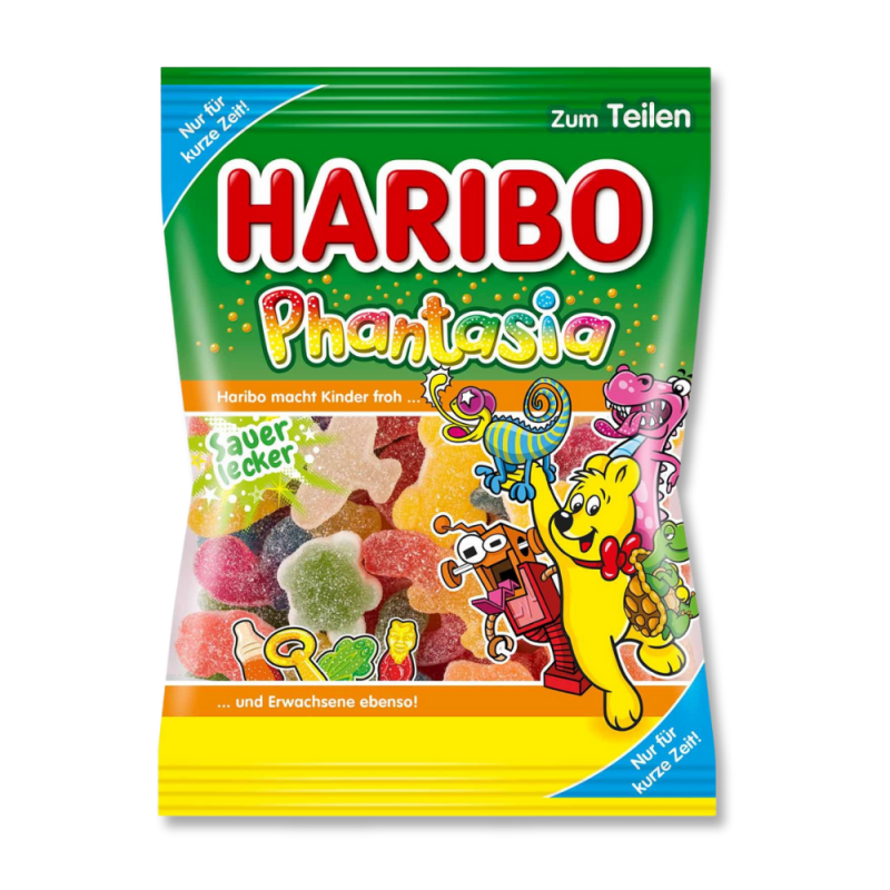 Sachet vert haribo de phantasia qui son des bonbons gélatineux de formes différentes Sachet vert haribo de phantasia qui son des bonbons gélatineux de formes différentes