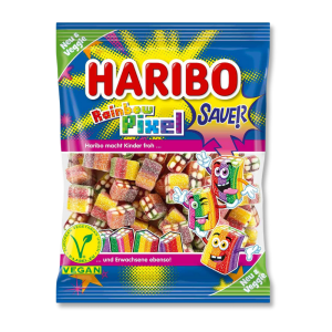 Sachet bleu et jaune de rainbow pixel de chez Haribo qui sont des bonbons aciduéls