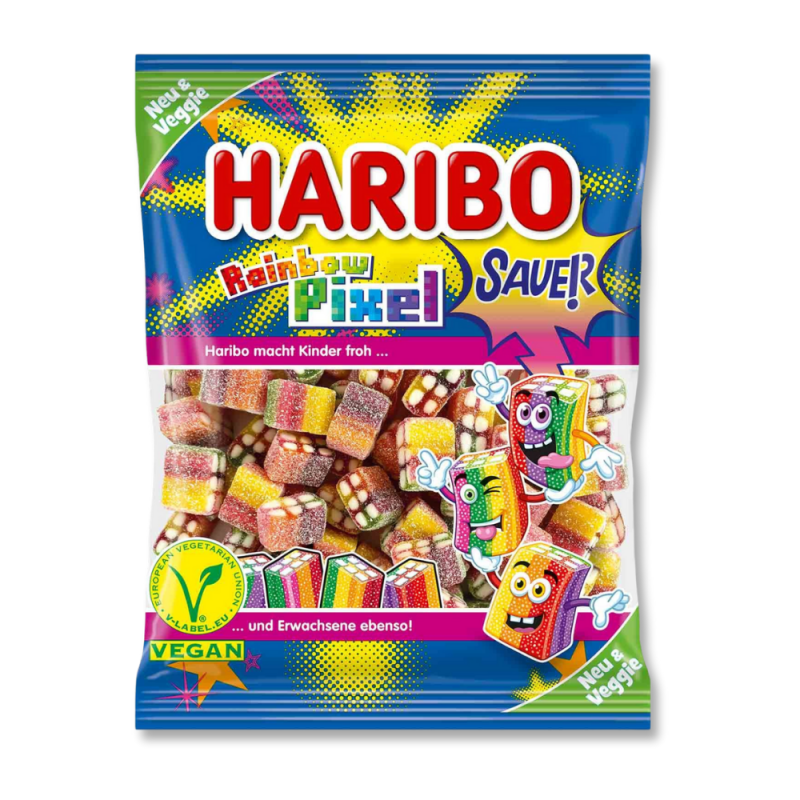 Sachet bleu et jaune de rainbow pixel de chez Haribo qui sont des bonbons aciduéls