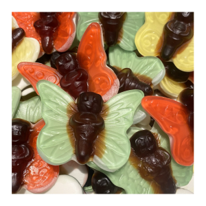 Vrac de butterflies de chez haribo qui sot des bonbon en forme de papillons vert et orange