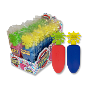 Présentoir de tongue splash qui sont des langues remplis de liquide sucré rouge et bleu