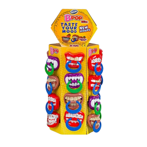 Bonbons BPop mix Lips multicolor sur un présentoir en forme de tour jaune.