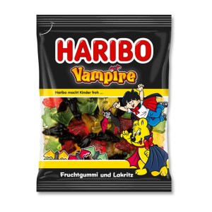 Emballage noir de la marque Haribo pour les bonbons vampire