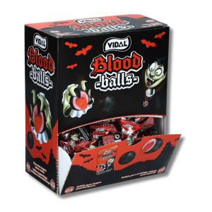 Emballage carton blood balls de chez Vidal, couleur noir et rouge avec des touches de blanc.