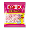 Sachet rose et jaune de souris blanche et roses de chez Haribo