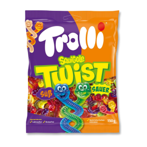 Emballage Trolli Squiggle Twist violet et orange.
