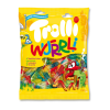 Emballage Trolli Wurrli jaune, avec écriture Blanche et multicolores et bonbons apparents.