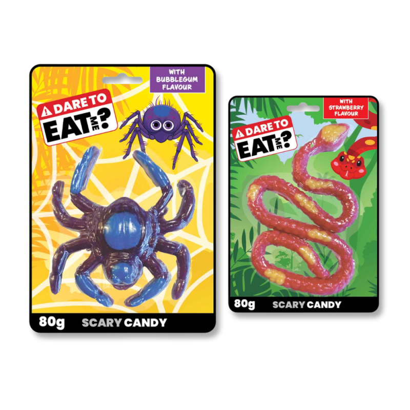 Bonbons Scary Candy de la marque Becky's, un en forme d'araignée violette et l'autre en forme de serpent rouge.