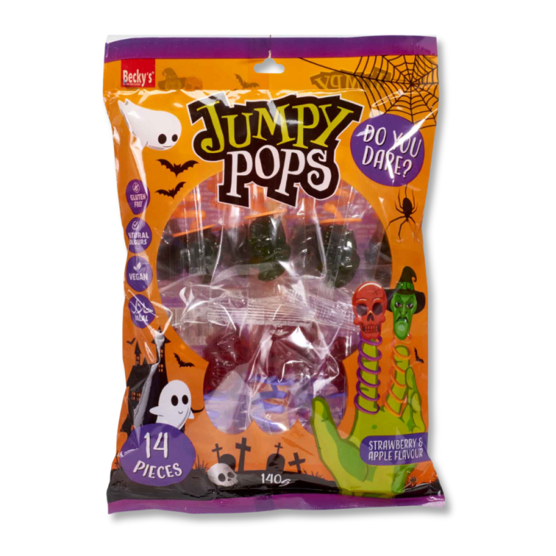 Emballage des Jumpy Pops, les sucettes en forme de crâne et de sorcière qui s'enroulent autour des doigts.