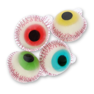 Bonbon en forme d'yeux gélifié de couleur vert, jaune, bleu et rouge