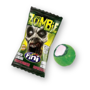 Bonbon Fini boom zombie, emballage noir et vert décoré d'une tête de zombie  qui contient une boule verte super acide
