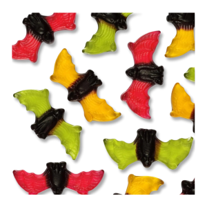 vrac de chauve souris noir jaune, vert et rouge de chez Haribo