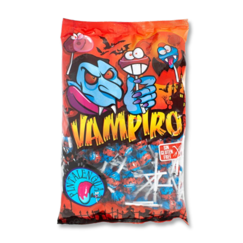 Sac de sucettes orange avec un vampire bleu dessus.