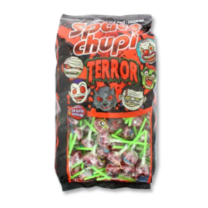 Sac de sucettes marron et rouge avec monstres dessinés dessus.