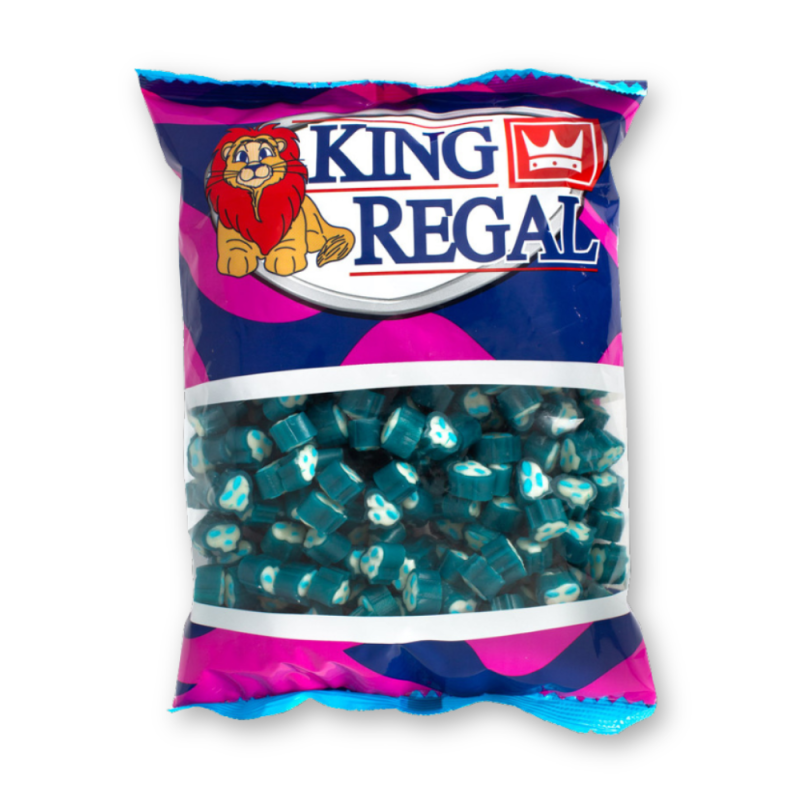 Sachet King Regal rempli de bonbons bleus en forme de petits fantômes fruités et ludiques.