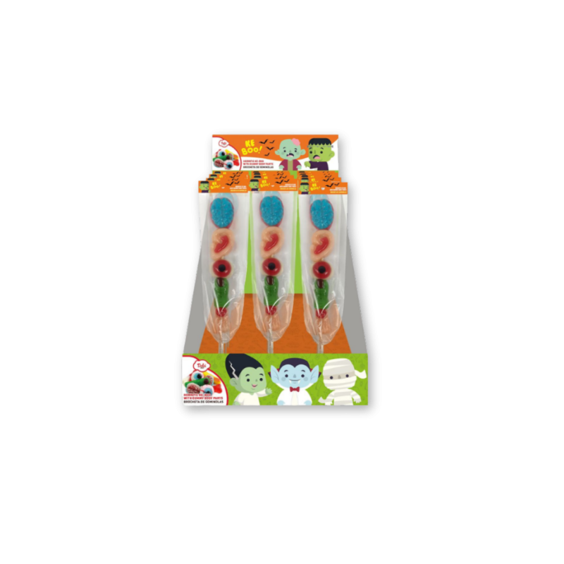 Présentoir de brochettes Horrific Ke Boo avec bonbons en formes effrayantes (cervelle, oreille, œil, doigt) spécial Halloween.